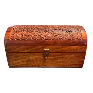 Vtg Handcrafted Wooden Jewelry Trinket Treasure Box Floral Carvings India